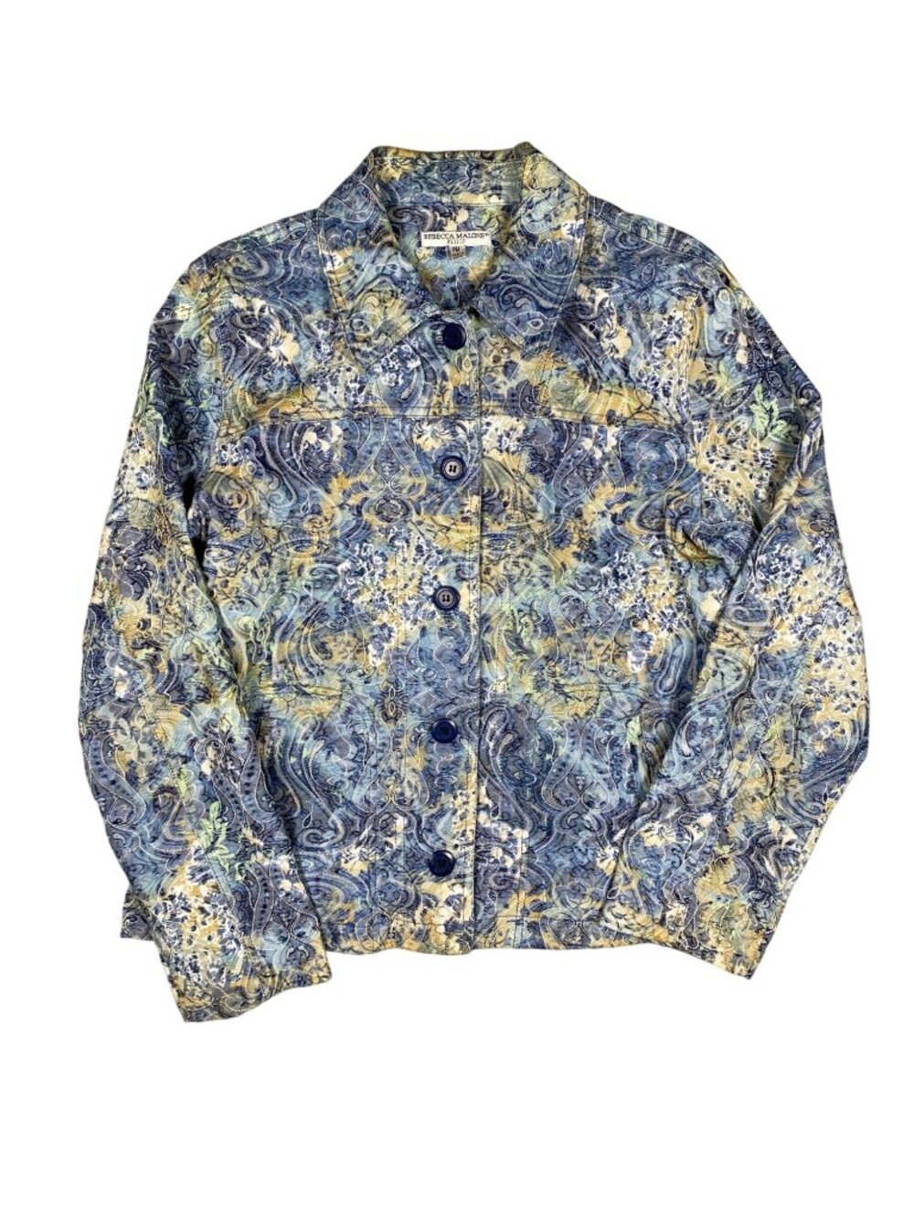 Rebecca Malone Floral Paisley Button-Down Jacket PM Blue Yellow Cotton Blend - Picture 2 of 8